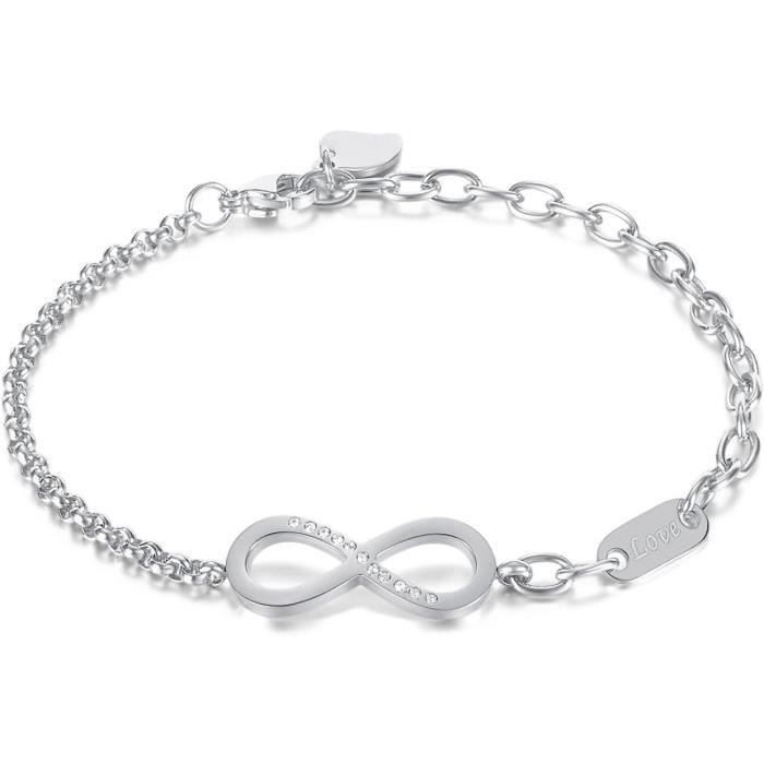 Bracelet Infini Femme En Argent Rhodié Avec Oxydes De Zirconium - Longueur 16cm + 3cm Ajustable