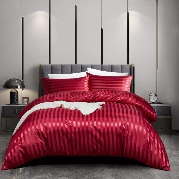 Housse De Couette Satin 140X200 Vin Rouge Rayures Parure De Lit Satinée