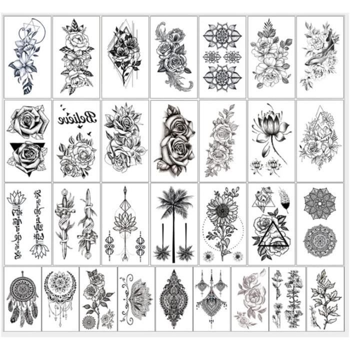30 feuilles de Tatouages Temporaires Imperméables Fleurs Rose Tamponné Faux Tatouage mélange