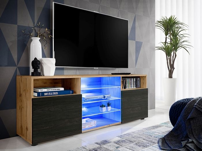 meuble tv - extreme furniture - t38 - carbone mat & bois naturel - led bleues