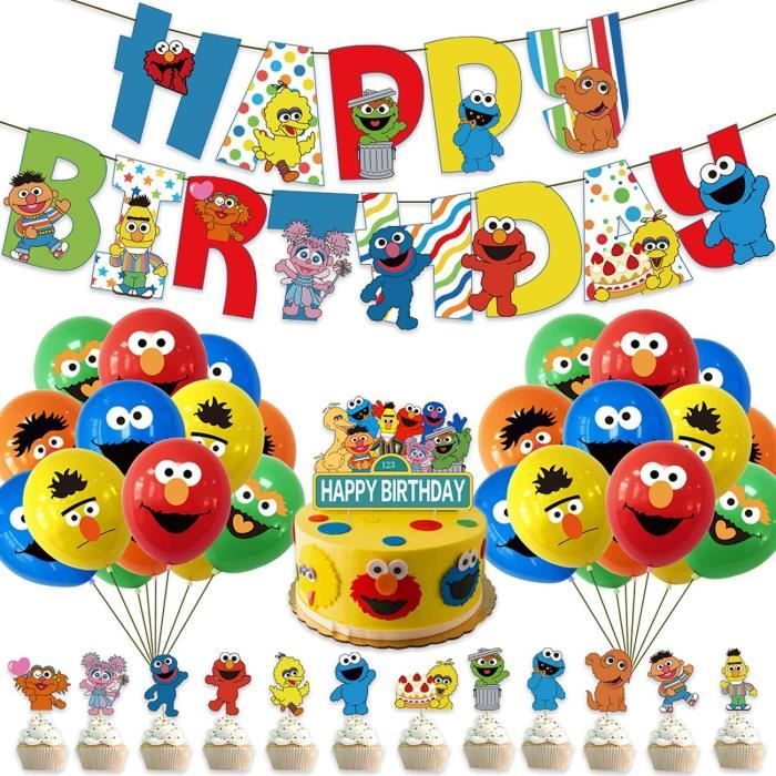 Decorations De Fete 30 Pieces Theme Sesame Street Fournitures D Anniversaire Pour Enfants Decoration Gateau Banniere Happy Birthday Cdiscount Maison
