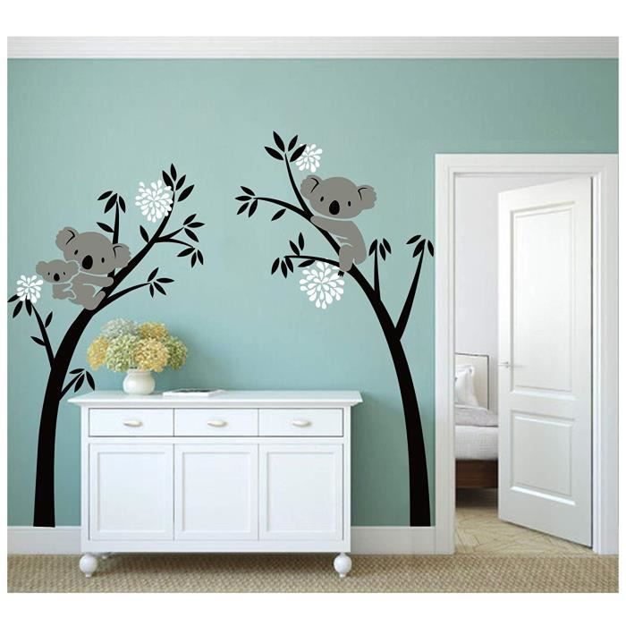 BDECOLL Lot dautocollants muraux Motif maman et bébé koala sur un arbre Idéal pour décorer une chambre denfant/une crèche Black-White 