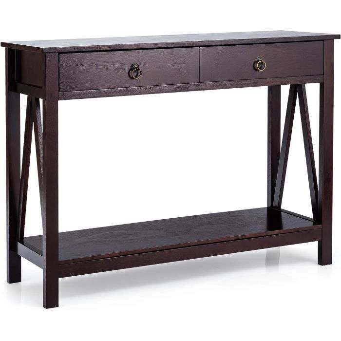 costway table console 2 tiroirs - 106 x 35 x 78 cm, cadre en x, 2 etagères de rangement pour couloir, salon marron