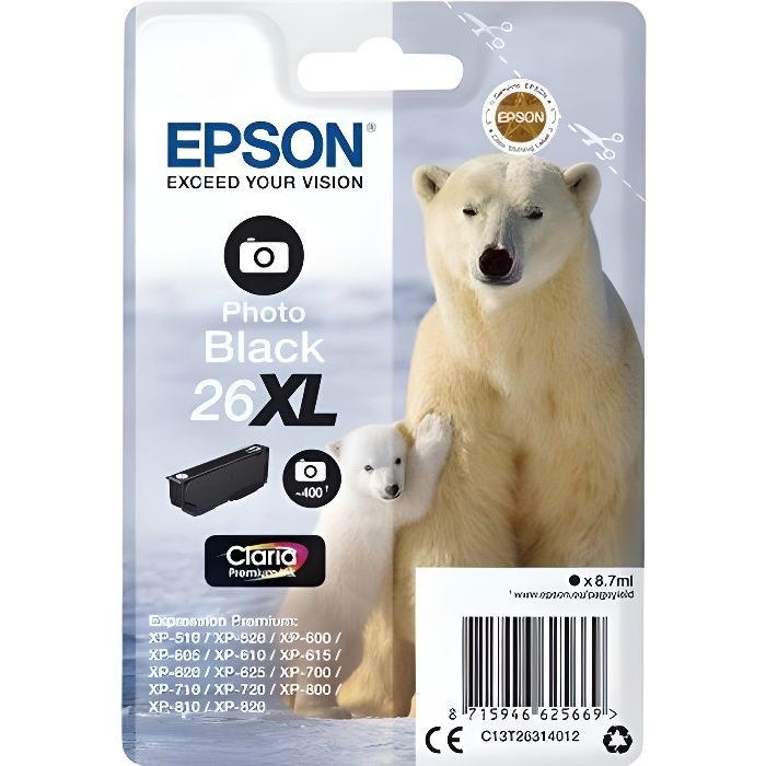 EPSON Cartouche dencre T2631 XL Noir Photo - Ours polaire (C13T26314012)