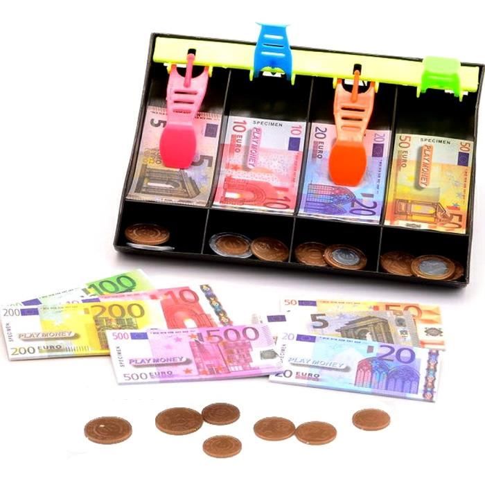 Casier fausse monnaie jouet pièces et billets euros factices pour jeux.