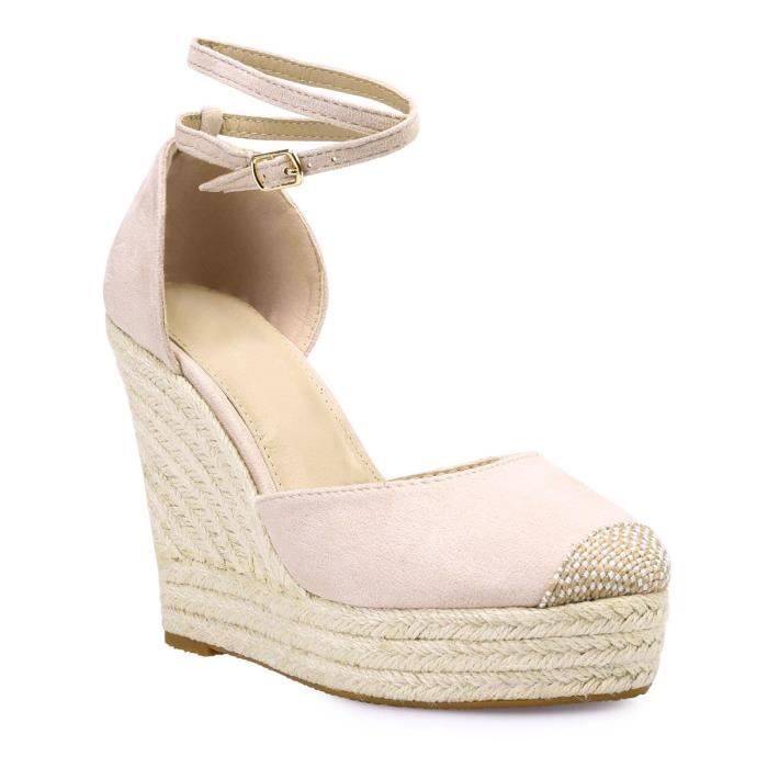 Espadrille compensée - Femme - Beige - Suédine - Talon 12,5cm - Plateforme 3cm