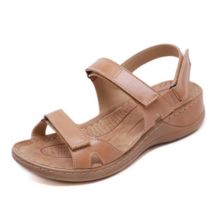 Sandales Femme Nu pieds ete en Cuir Marron Antiderapantes Talon Bas Fermeture Scratch Marron Cdiscount Chaussures