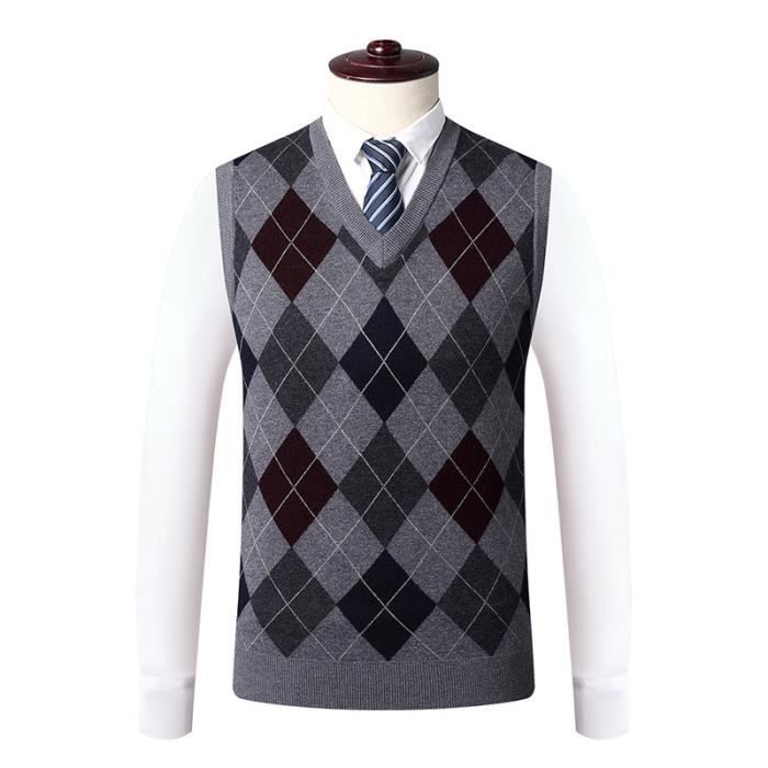 Gilet Homme en Tricot Sans Manches Col V Pullover Carreaux Automne