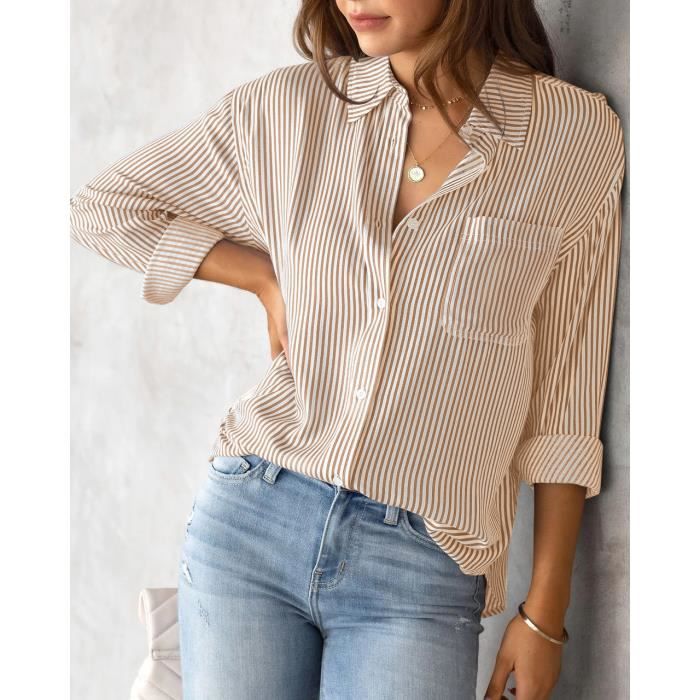 Chemisier elegant a manches longues pour femme Chemisier a rayures avec boutons Decontracte Pour le bureau En coton