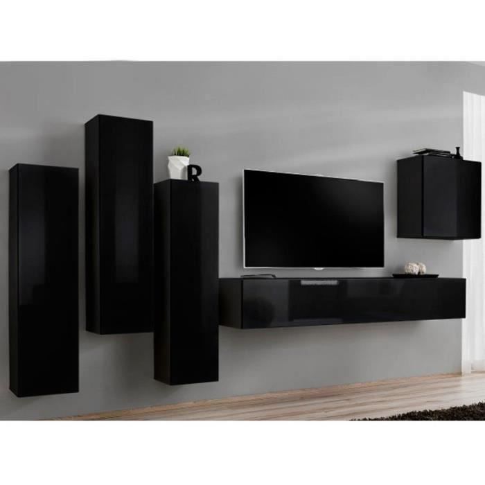 meuble tv mural - price factory - switch iii - noir brillant - 5 portes - 330x160x40 cm