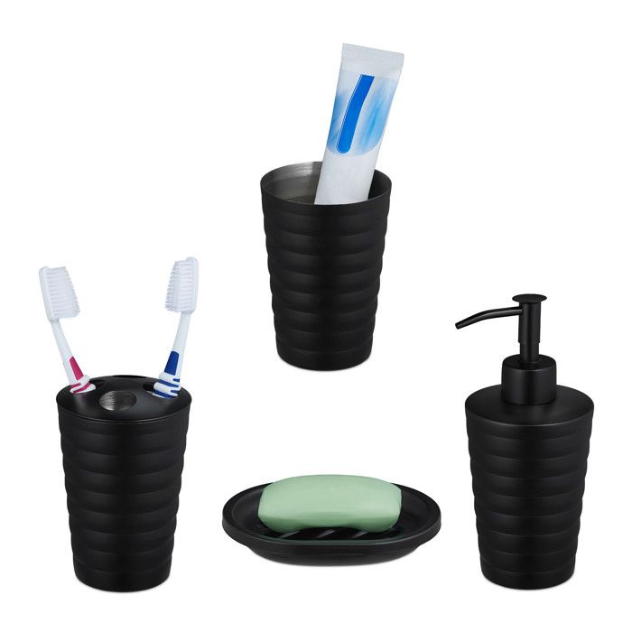Lot 4 Accessoires Salle De Bain Bambou Relaxdays - Distributeur Savon, Gobelet, Porte-Brosses, Bol