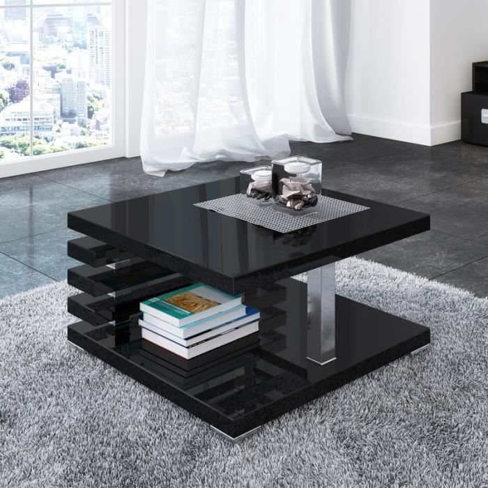 table basse design - ariene - 60x60 cm - noir brillant - étagère pratique sous le plateau