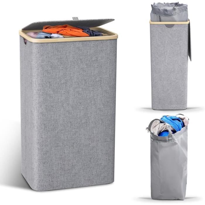 Panier à Linge DuneDesign 50L Gris - Avec Couvercle - Pliable - Rangement Salle De Bain