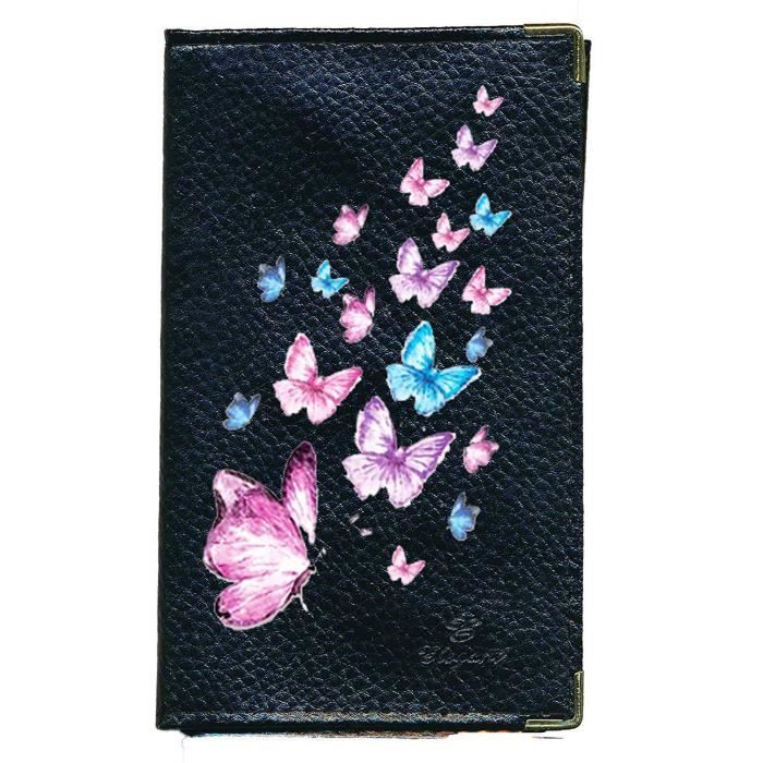 Syl'la Porte Chéquier Cuir Noir Femme - Motif Papillon Crayon - Porte Cartes Et Chèques Élégant