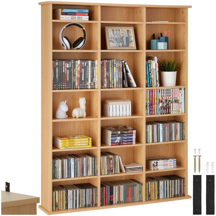 Bibliothèque - TECTAKE - Bibliothèque STEVIE pour CD DVD ou livres avec 21 étagères réglables 1055 x 19 x 1365cm - Marron hêtre