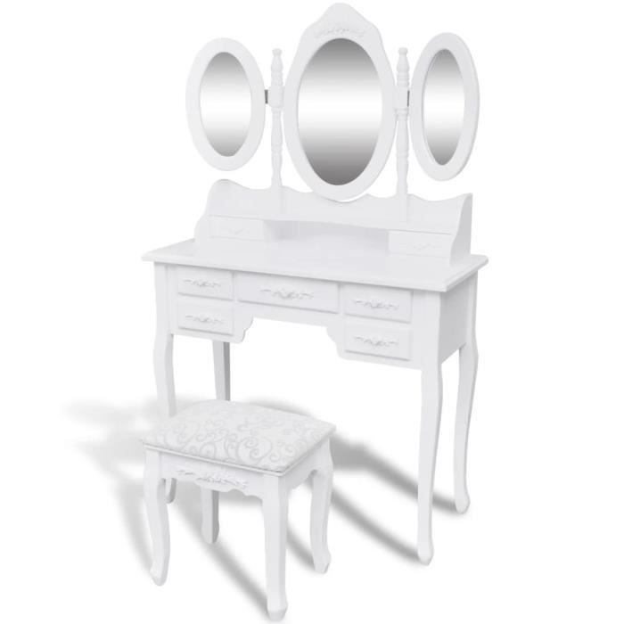 Coiffeuse Shabby Chic Blanche Avec Miroir, Tabouret Et 4 Tiroirs - Palazzo INT - Meuble Boudoir