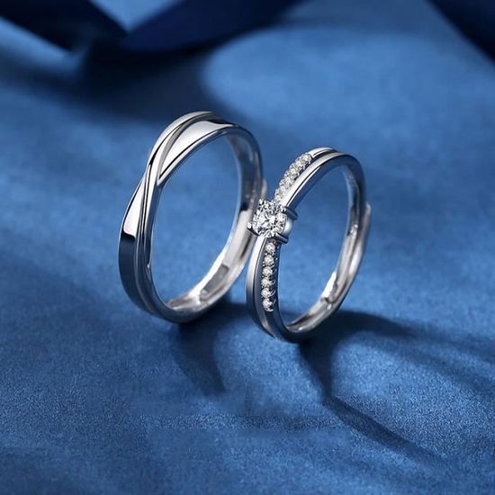 Paire De Bagues Couple En Zirconium Cubique Réglables - Argent Plaqué 925 - Style Pavé