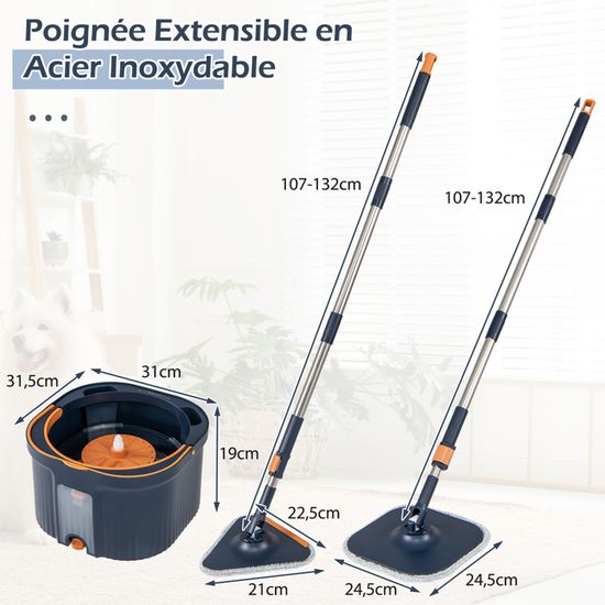 Balai Serpillère avec Essorage Intégré, Vadrouille de Nettoyage Rotative à 360° avec 4 Tampons