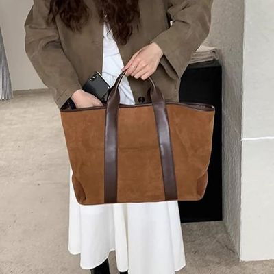 Sac Fourre-Tout Femme En Simili-Daim Marron - Grand Format 46x26x15 Cm - Style Rétro, Pour Travail, Voyage, Shopping