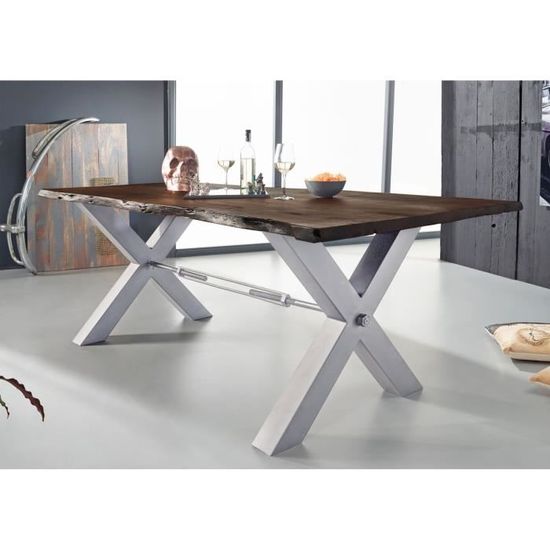 Table A Manger 220x100cm Fer Et Bois Massif D Acacia Laque Brun