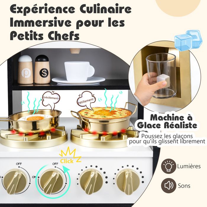 Cuisine Enfant Avec Machine à Glaçons, Cafetière, Cuisine En Bois Enfant Montessori Avec Lumieres Et Sons Micro Ondes 14 Accessoires 3 Ans Noir 76185661