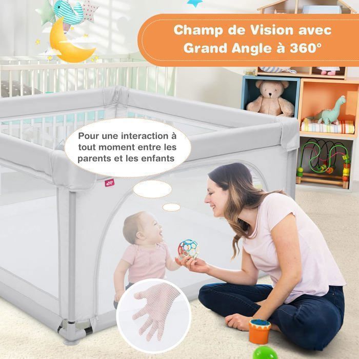 Parc Bébé Démontable OHMG Avec 50 Boules Plastiques - Grand Parc De Jeux Lavable Intérieur Extérieur 180x120x66 Cm Avec Grille De Protection