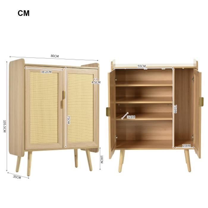 Meuble à Chaussures En Rotin Synthétique - 2 Portes, étagères Réglables - 104x40x48 Cm, Couleur Noyer