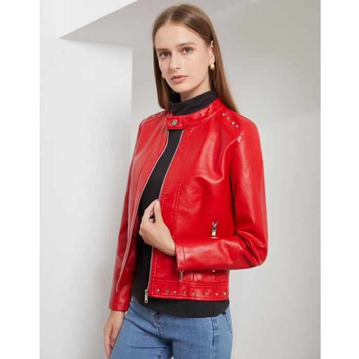 Veste Femme Simili Cuir Rouge - Longue Style Moto - Mi-saison - Taille Ajustable - Grande Taille Disponible - 2