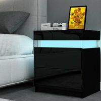 Table de chevet Noir, Table de nuit, Armoire avec 2 tiroirs, LED RGB , 45x35x52cm
