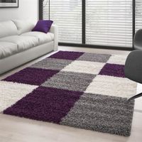 Tapis Shaggy pile longue à carreaux plusiuers couleurs et tailles au choix (200x290 cm - Violet-Blanc-Gris)