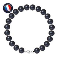 PERLINEA - Bracelet - Véritable Perle de Culture d'Eau Douce Semi-Ronde 9-10 mm Black Tahiti - Mousqueton - Bijoux Femme