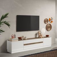 Meuble TV 2 portes 2 tiroirs Blanc brillant/Chêne noisette - IMOLA - L 205 x l 40 x H 44 cm