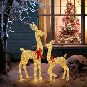 PERSONNAGES ET ANIMAUX Deux cerfs de Noël lumineux avec 210 lumières LED blanc chaud, Noël, décoration de jardin extérieur, doré