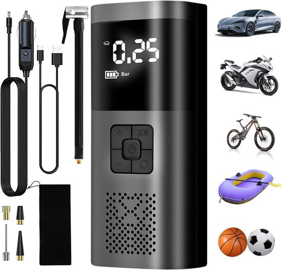 Compresseur Portable Sans Fil KIMIGO 150 PSI – 6000 MAh – Gonflage Rapide Voiture, Moto, Vélo, Ballon – Écran Digital + LED + USB