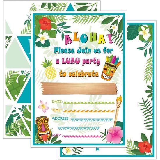 Hawaii Aloha Invitations de Fête avec Enveloppes - 20 Set Été