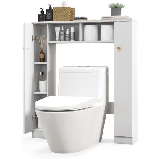 Étagère Meuble Salle De Bain Dessus Toilette Wc Avec Placard 2 Portes Et étagère Ouverte Bambou