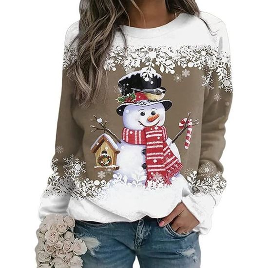 Huttam Pull Drole Moche De Noel Femme Pas Cher Grande Taille Tee-Shirt Pull De Noel Rigolo Femme Manche Longue Ample Tshirt Pull Noël Femme Drole À