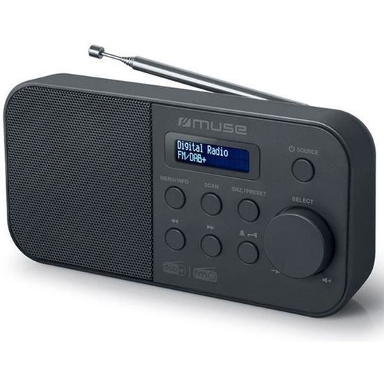 Radio portable DAB + et FM MUSE M-109 DB avec finition noire, antenne télescopique, fonction double alarme, répétition et