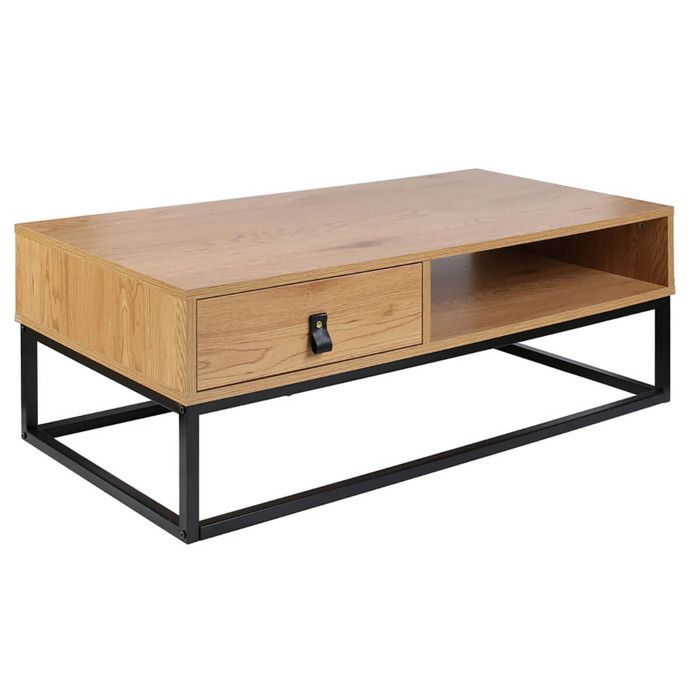 Abril - Table Basse 1 Tiroir Aspect Bois et Pieds Métal