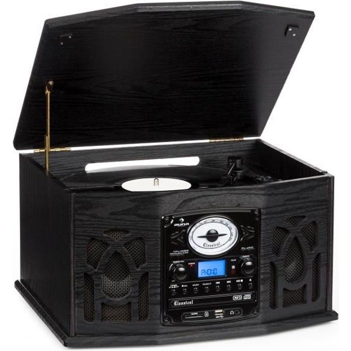 auna NR-620 - Chaîne hifi stéréo avec platine vinyle vintage - Platine vinyle, lecteur cassette, CD et MP3 USB - Bois noir vintage
