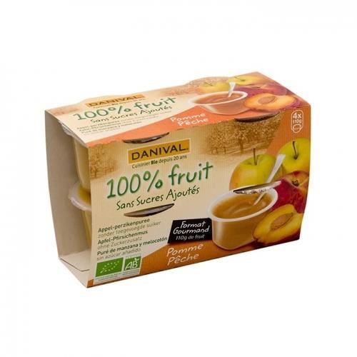 DANIVAL - Purée pomme & pêche 100% fruit bio sans sucres ajoutés 4 x 110 g - Compote fabriquée en France