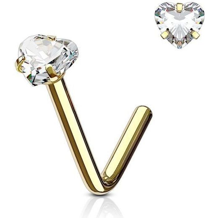 Piercing nez tige en L doré gemme coeur (0.8 mm)