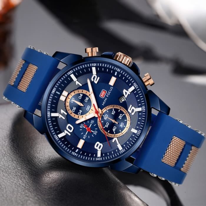 MINIFOCUS Hommes Marque De Mode Montre De Sport De Haute Qualité Bande De Silicone Lumineux Quartz Montre Pour Hommes - Bleu