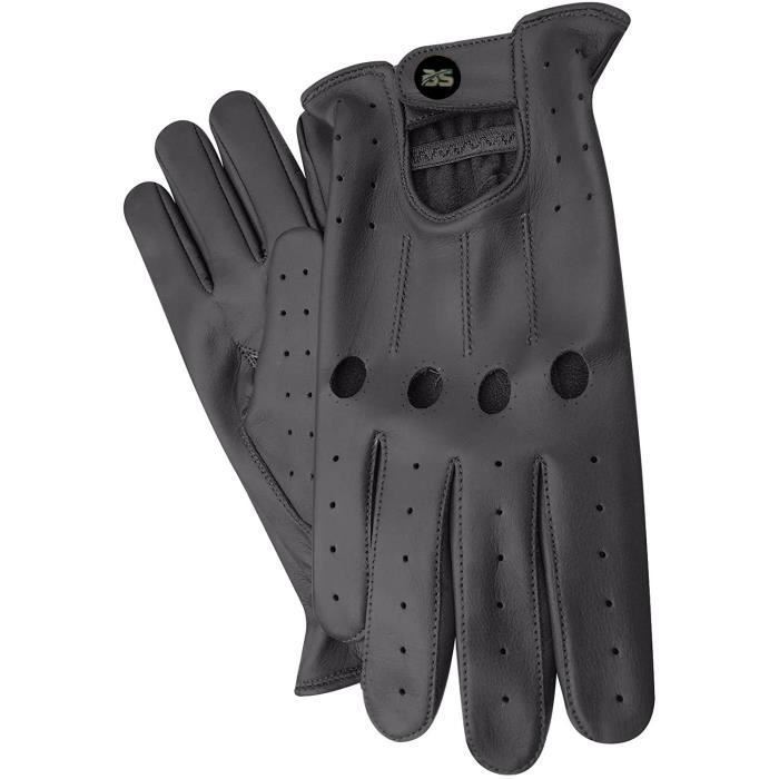 Gants de Conduite Noir Homme, Gants en Cuir et Tissu, Style Vintage Luxe En Cuir de Vache Souple, Gant Respirant de Voiture T: L