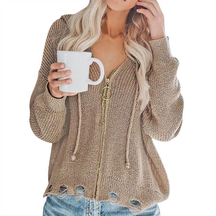 AmzBarley Femme Pull à Capuche Cardigan Tricoté et à Col en V Pull Manches Longues Tricoté Zip Capuche Haut Décontracté à Capuche
