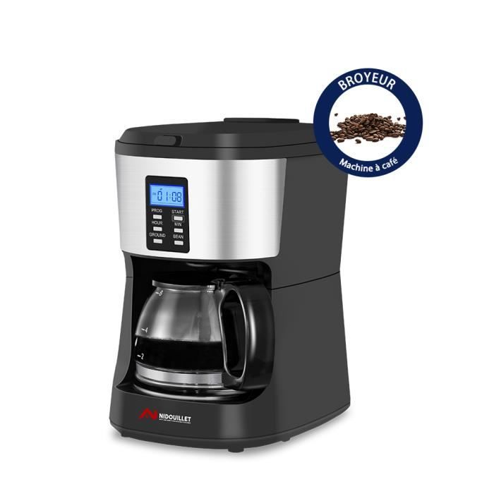Nidouillet Cafetière avec Broyeur,Broyeur café grain,Machine à café programmable café moulu noire AB0227