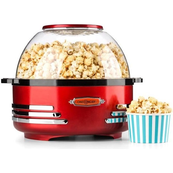 oneConcept Couchpotato - Machine à pop corn style rétro vintage (capacité 5,2L, couvercle double emploi) - rouge