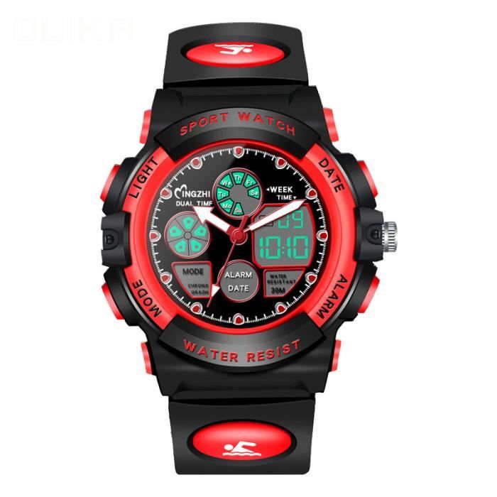 SHARPHY Montre enfant garçon LED multifonction lumineux étanche sport fille bracelet en silicone rouge cool adolescent