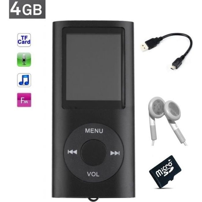 Lecteur MP3 MP4 - radio fm - à carte mémoire Micro sd - Noir + carte 4 Go