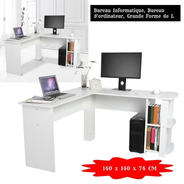 Table D'angle en forme L Économiseur d'espace avec étagères à livres Station de travail blanc L03120